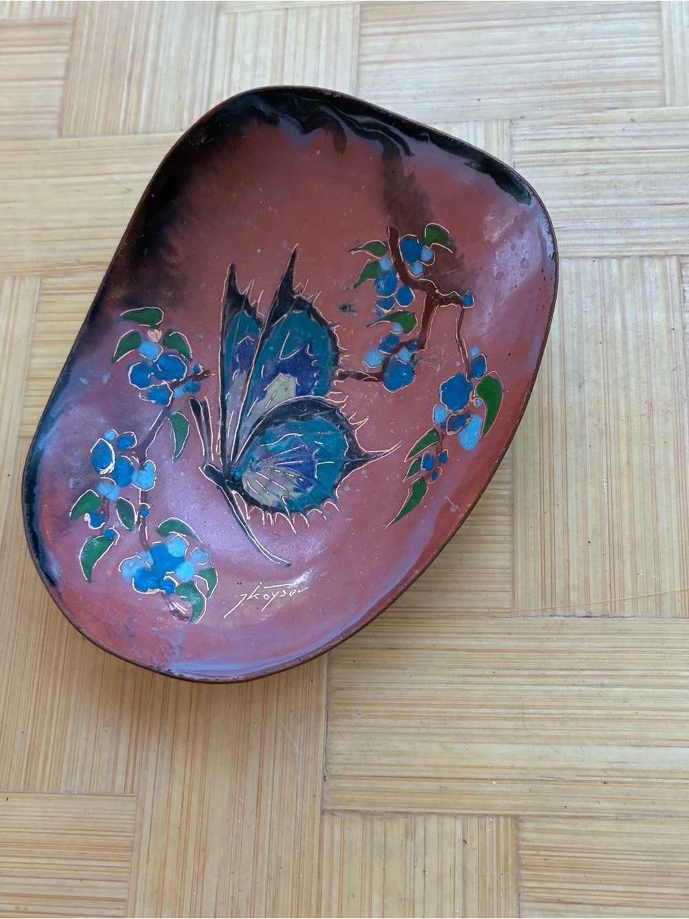 Hand-Painted Red Enamel Butterfly Decorative Dish